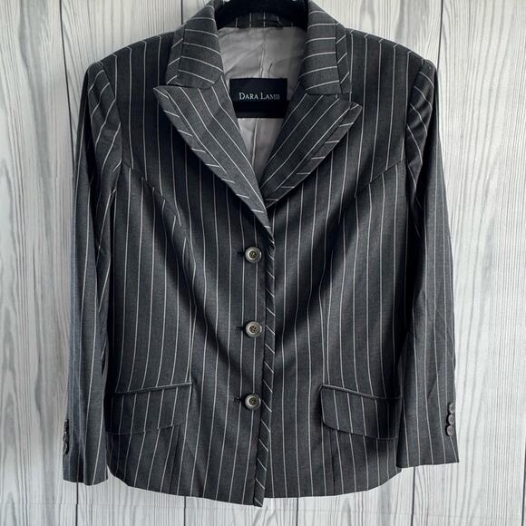 DARA LAMB Haute De Gamme Women's Pinstripe Gray Blazer Jacket Size Medium - Picture 1 of 11